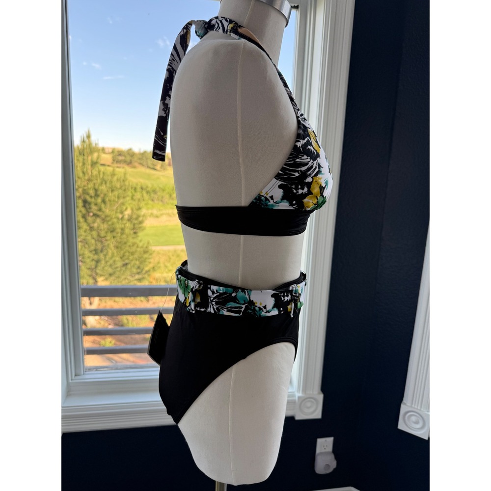 Newport News Swim Womens Floral Halter Bikini Set Belted High Waist Black 10 NEW - Picture 4 of 11